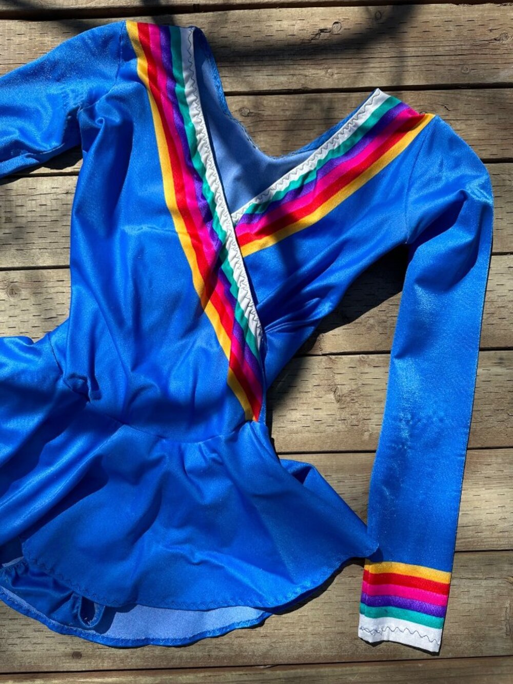 Vtg 80s 90s Catrina Fashions Blue & Rainbow Spandex Leotard Boydsuit Long Sleeve